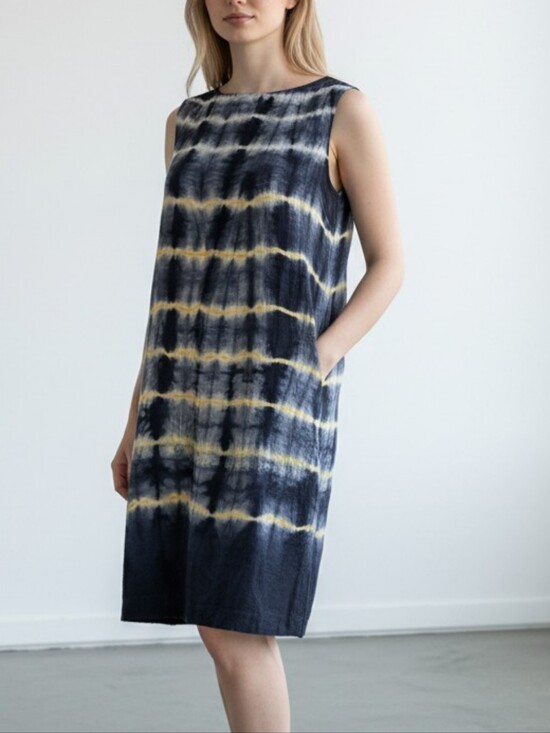 Eleven Stitch Design Dresses & Skirts - Sleeveless Navy and Yellow Tie-Dye Shift Dress